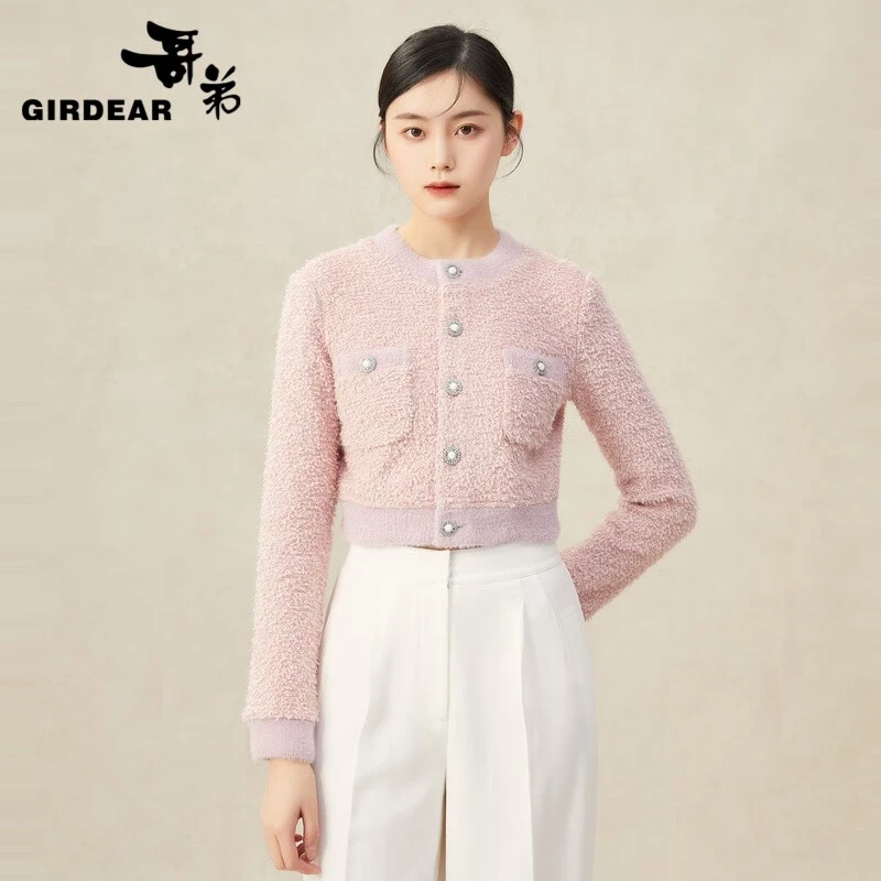 GIRDEAR/哥弟通勤百搭圆领精致小香风毛绒感短款长袖外套1400646