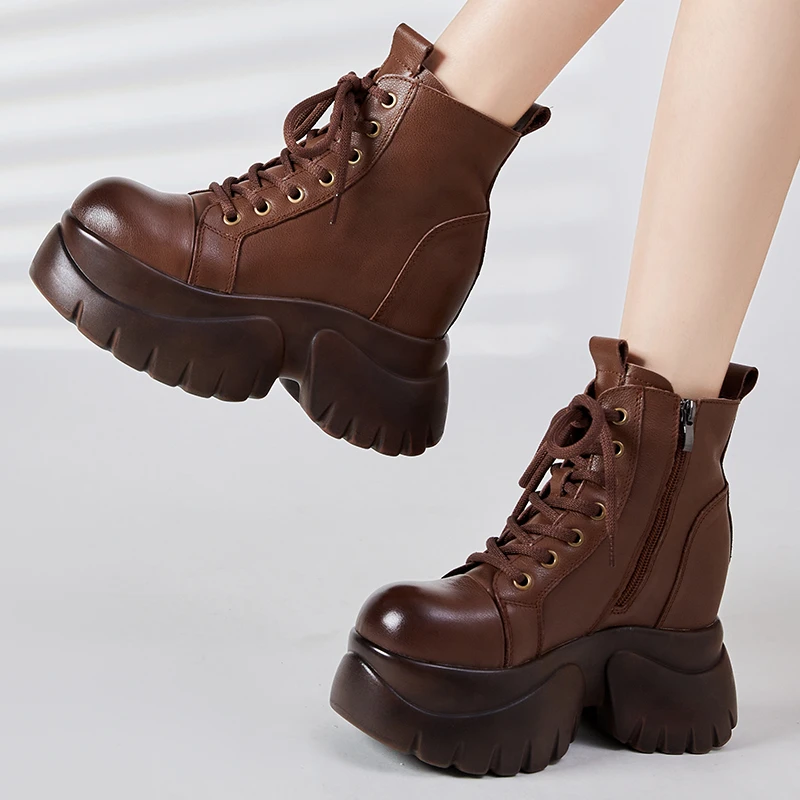 嫔妃丽人头层牛皮厚底简约风舒适时尚学院风拉链高跟复古马丁短靴