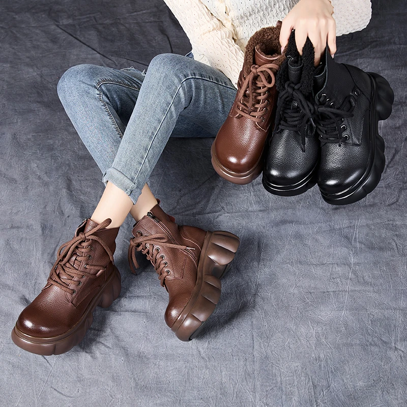 嫔妃丽人头层牛皮秋冬2025厚底韩版百搭加绒英伦风新中式女马丁靴