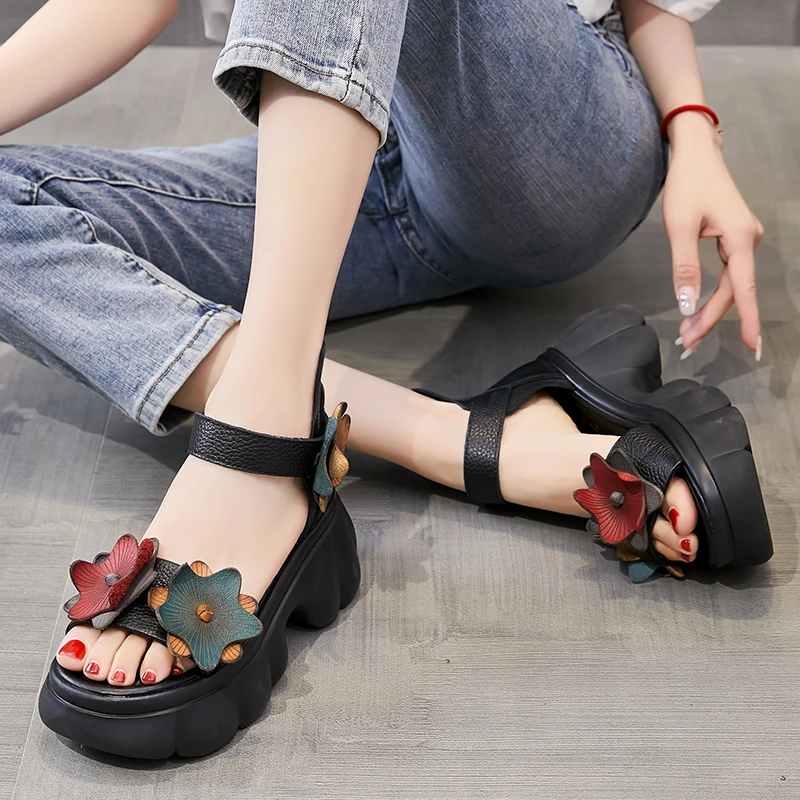 嫔妃丽人头层牛皮粗跟露趾时尚百搭舒适魔术贴民族风厚底夏季凉鞋