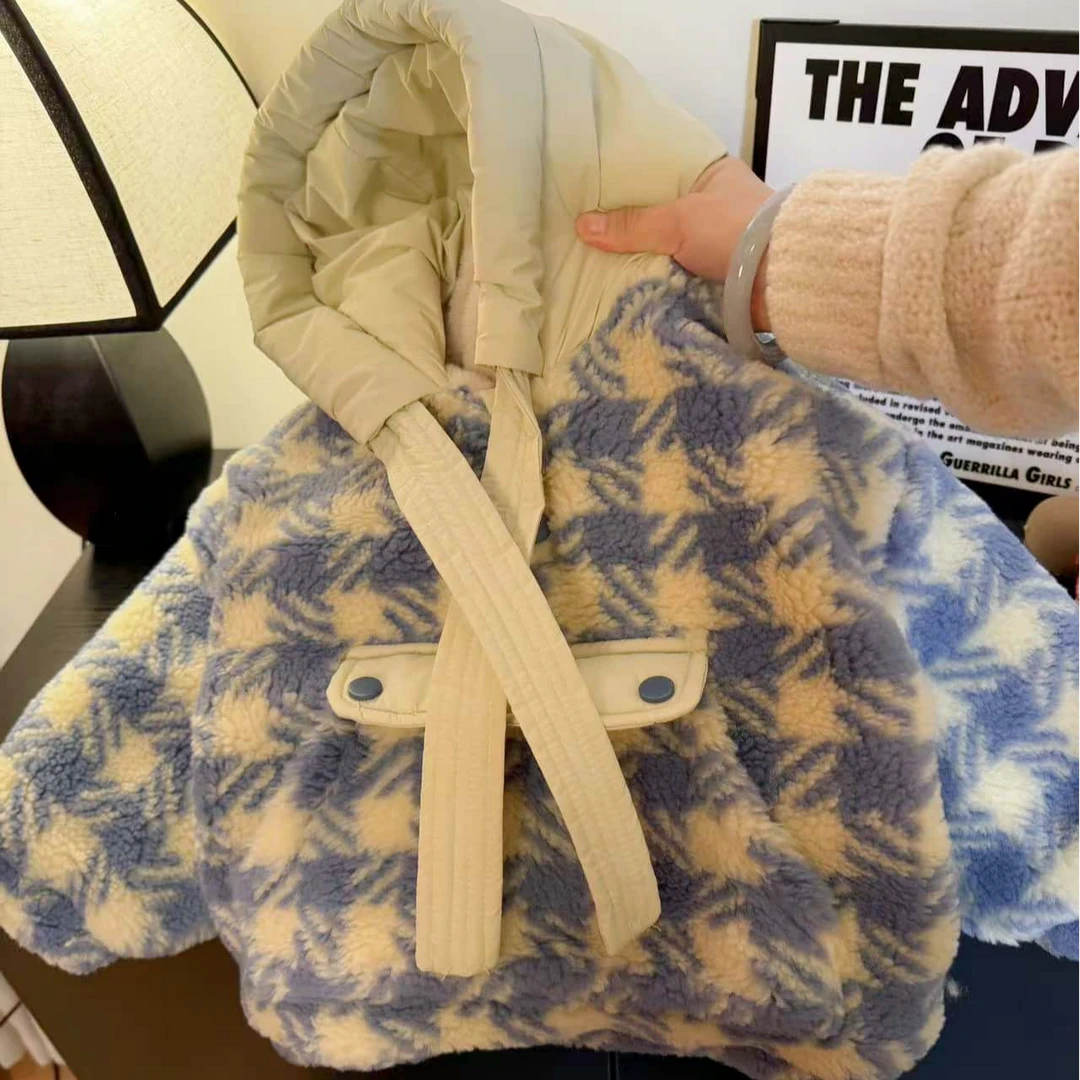 【蓝格子】棉服儿童加厚撞色冬季羊羔毛连帽棉衣保暖男童女宝宝外套
