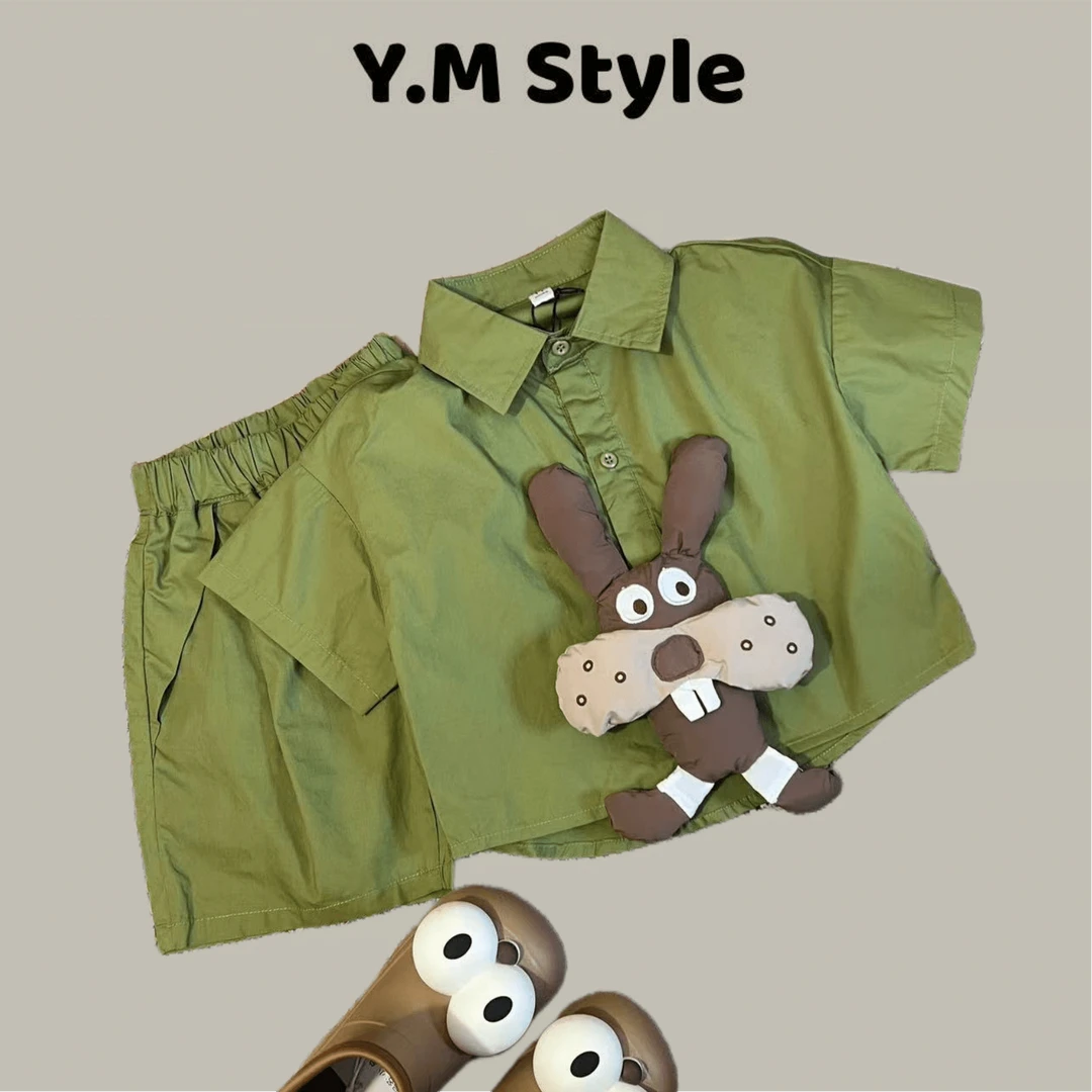 小兔子儿童套装夏季童装中小童宝宝男童夏款衬衫领短裤卡通两件套