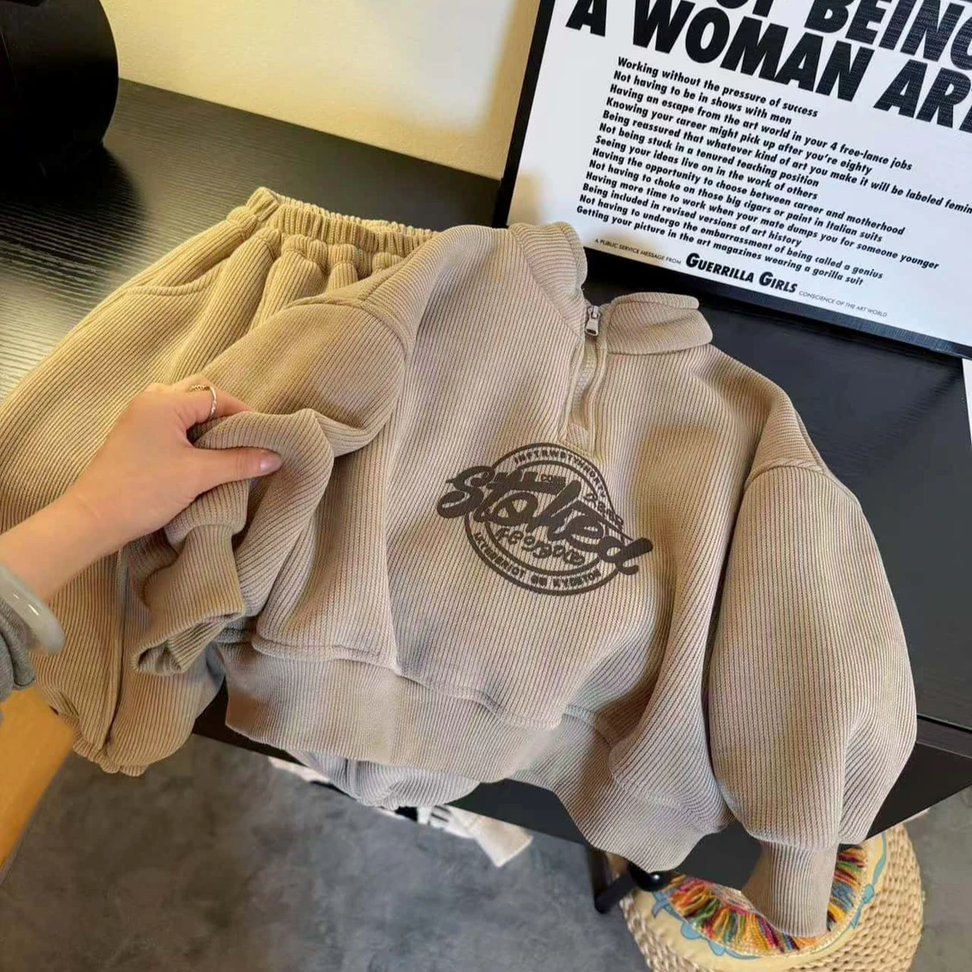 立领条绒套装冬季保暖加厚加绒中小童韩版男童小拉链儿童两件套