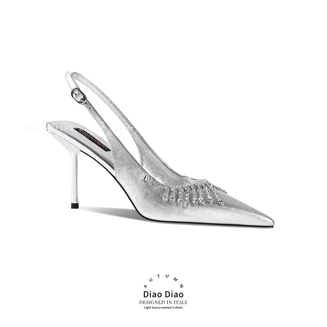 【DIAODIAO】2024年新款钻带百搭银色细跟女士轻奢性感浅口高跟
