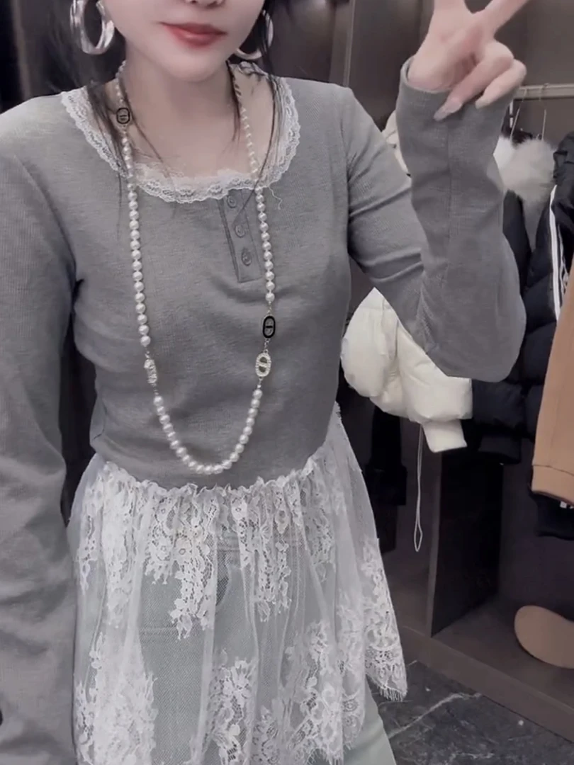 2024秋冬季女蕾丝拼接短裙设计感长袖上衣修身打底衫内搭叠穿T恤