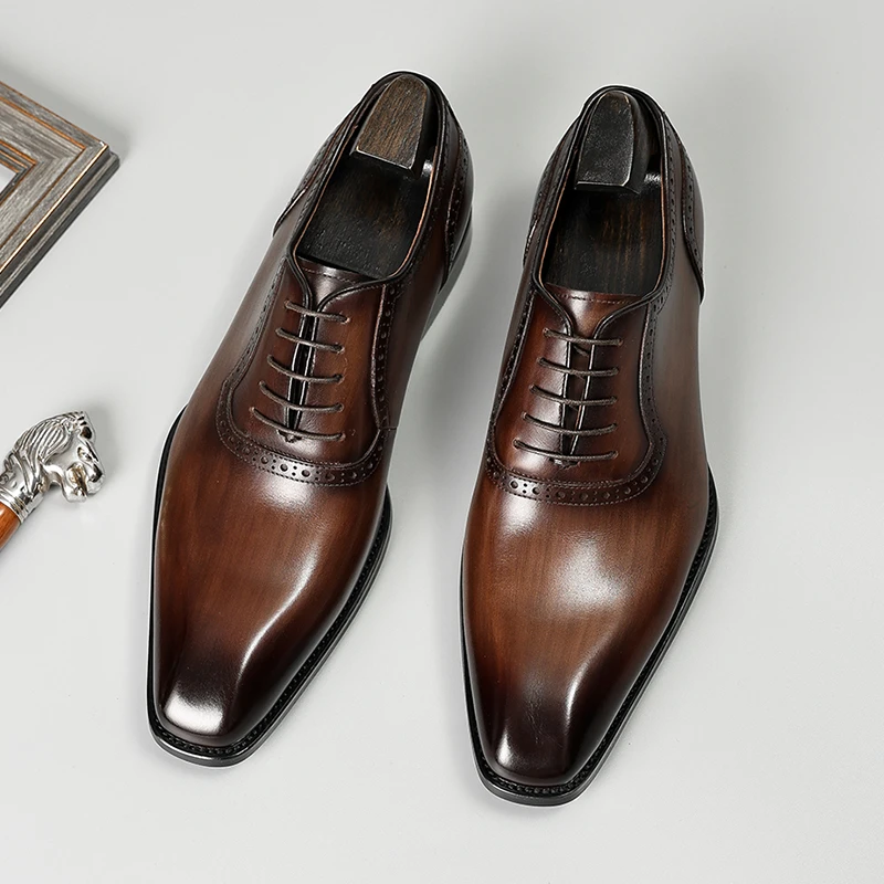 正装休闲皮鞋真皮透气商务男鞋方头英伦风手工擦色牛津鞋新郎婚鞋