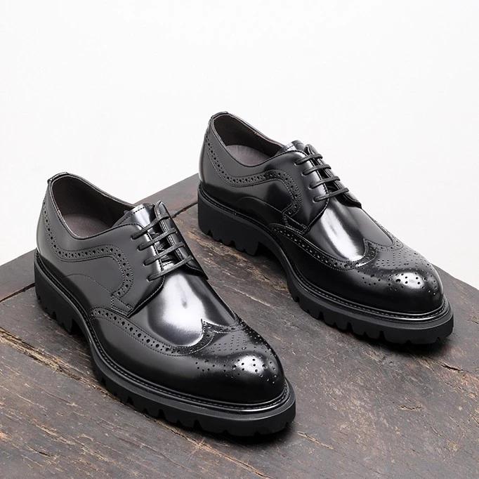 皮鞋男真皮英伦风秋季尖头厚底商务休闲布洛克雕花亮面新郎结婚鞋