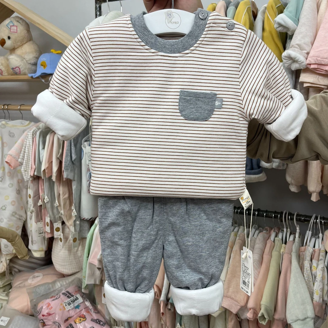 婴幼儿宝宝秋冬款中厚棉家居条纹婴儿冬季套装童装儿童家居服长袖