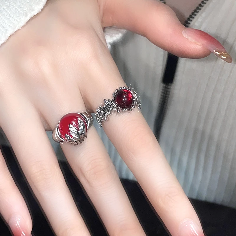 法式不规则小众设计高级感红色宝石开口戒指ins冷淡风