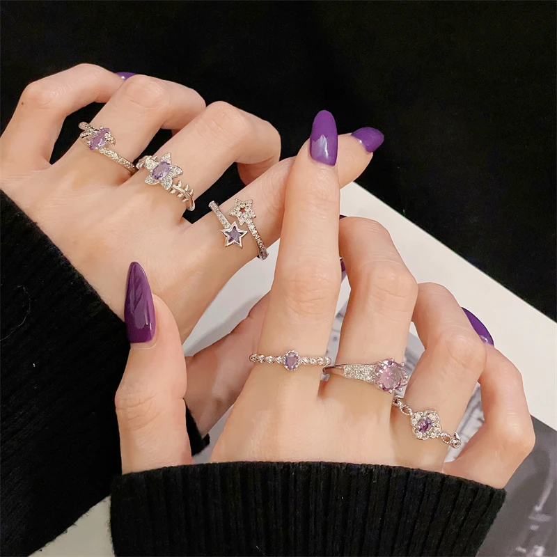 铜合金合成锆石戒指 新品紫色转运九紫离火年轻奢开口戒指流苏