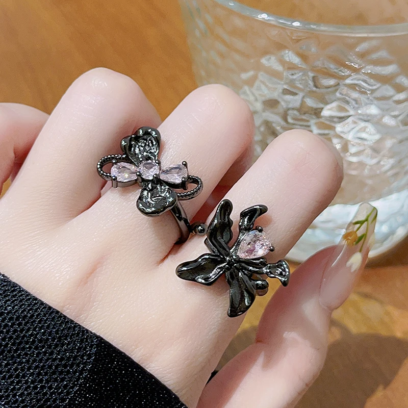 暗黑个性蝴蝶粉色锆石开口戒指ins风小众设计