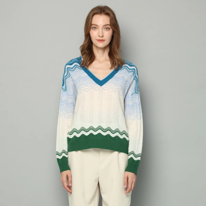 羚荌渼秋冬新款V领波浪彩条女羊绒衫 拼色提花宽松休闲针织毛衣