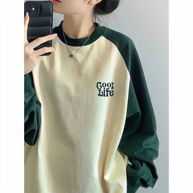 秋季插肩袖卫衣女2024新款爆款春秋宽松拼接圆领情侣休闲长袖上衣