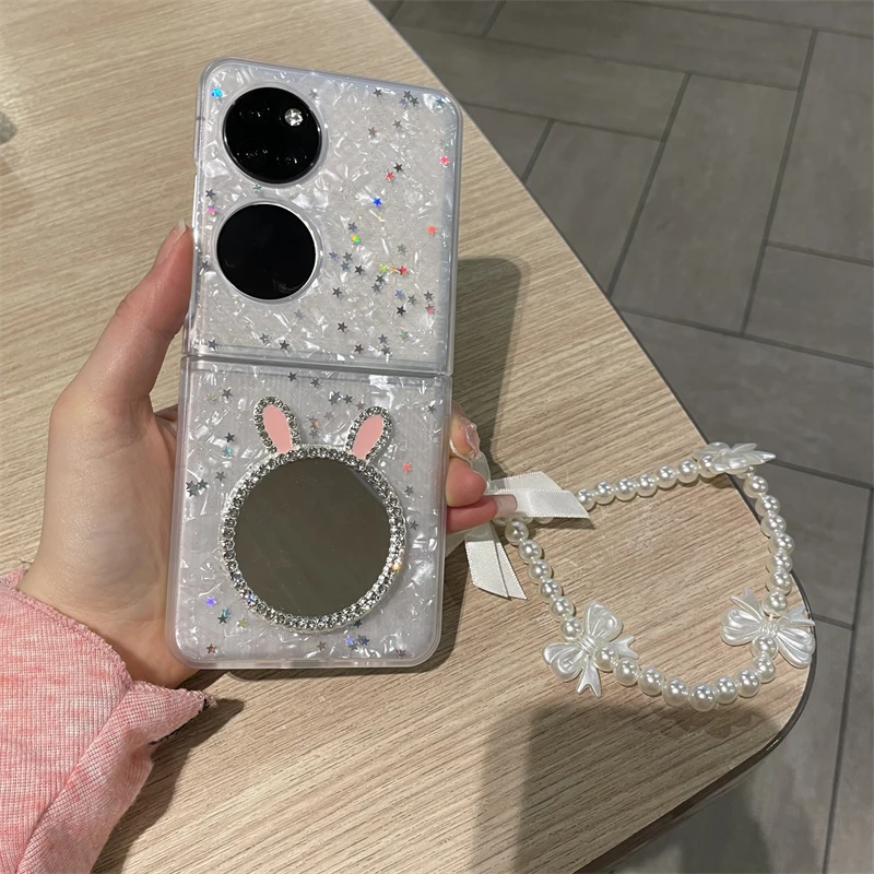 华为p50pocket手机壳Pockets保护壳闪粉星空贝壳纹圆圈镜子时尚女