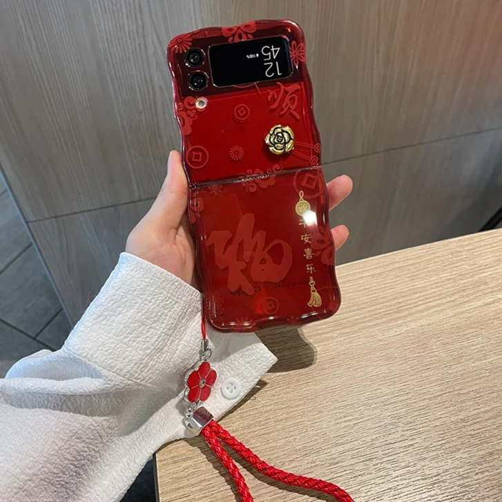 适用三星zflip4手机壳折叠国风红色ZFlip3硅胶w23flip保护壳个性