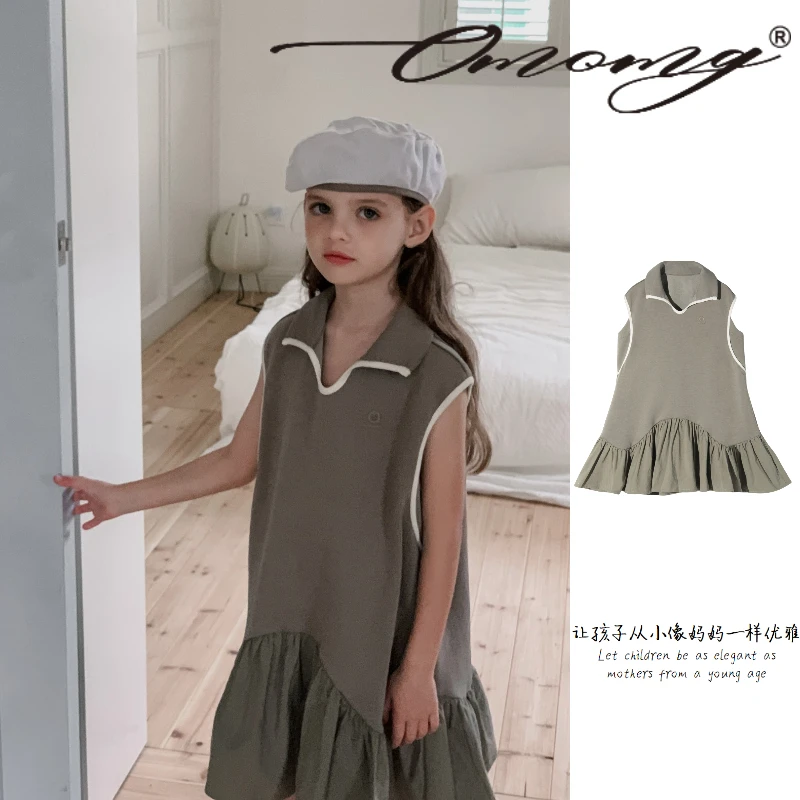 OMOMG女童连衣裙法式时尚小众拼接设计师翻领军绿色背心裙G4X312