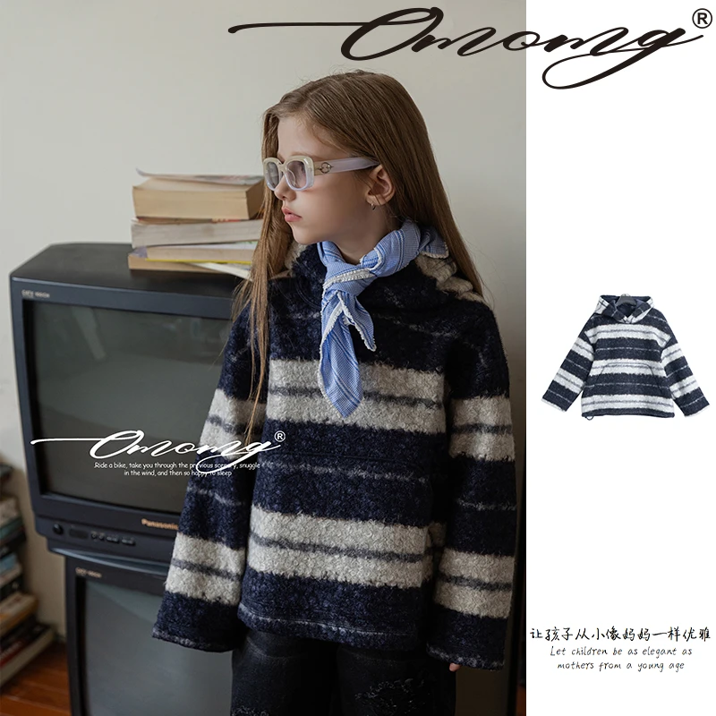 OMOMG女童毛衣时尚休闲条纹格子秋冬针织连帽宽松加厚韩版G4D113