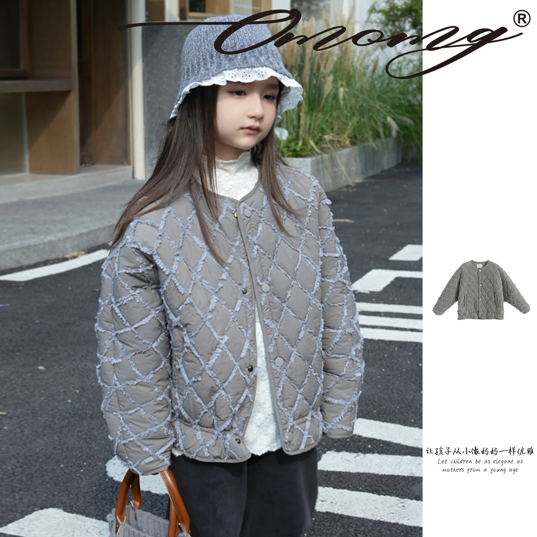 OMOMG女童休闲棉服百搭复古宽松格子优雅时尚格纹立领秋冬G4D150