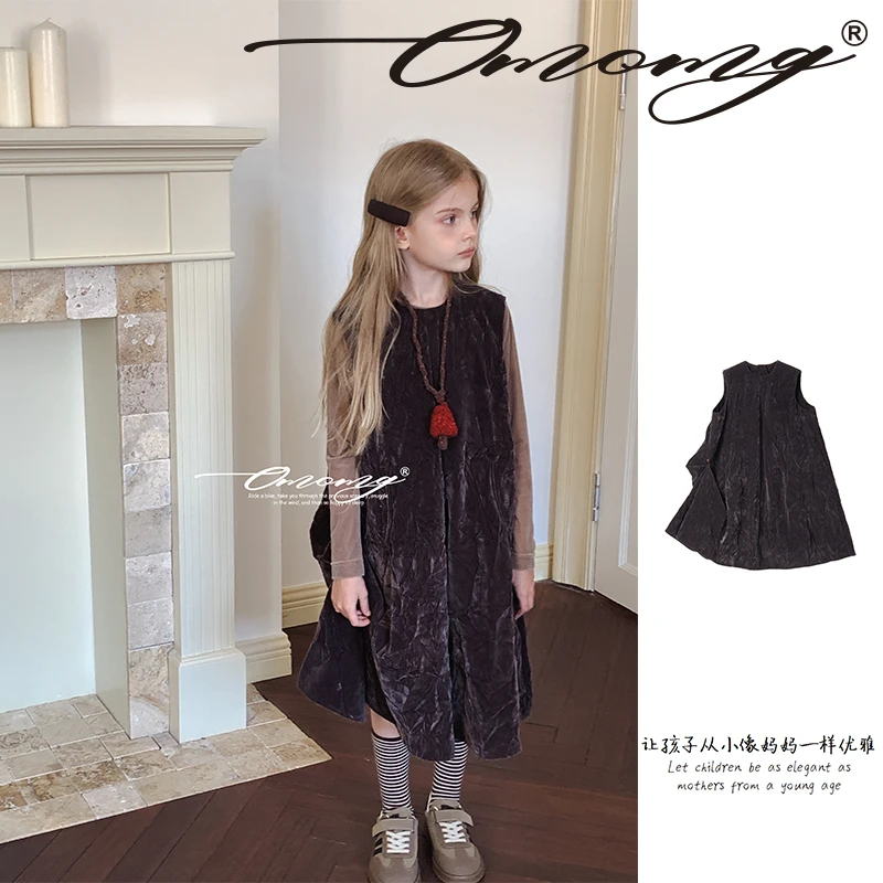 OMOMG女童丝绒连衣裙无袖气质复古设计师款时尚洋气显瘦G4Q175