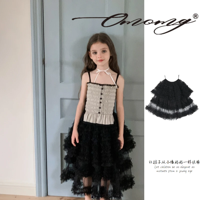 OMOMG女童黑色半裙纱裙蕾丝轻奢时尚走秀立体拼接重工优雅G4X380
