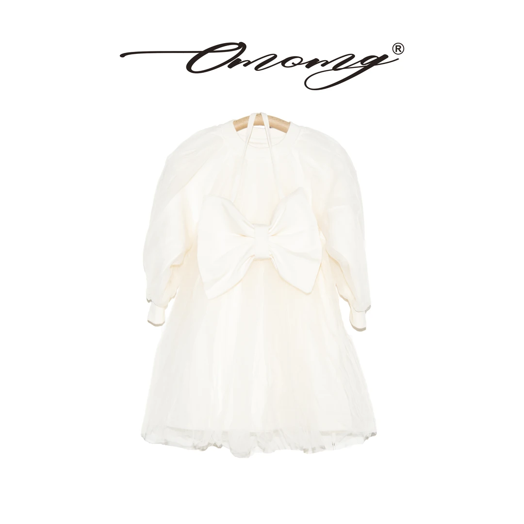 OMOMG儿童秋季洋气时尚休闲杏色蝴蝶结包连衣纱裙两件套AYQ3063