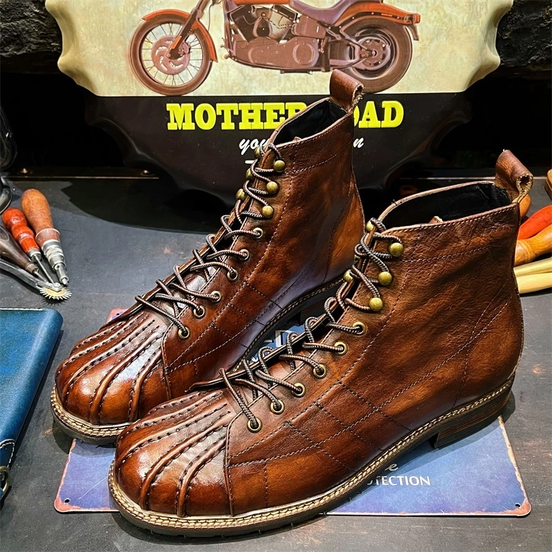 9120复古真皮棕色猎鸭靴高帮擦色水洗植鞣牛皮工装鞋男圆头马丁靴