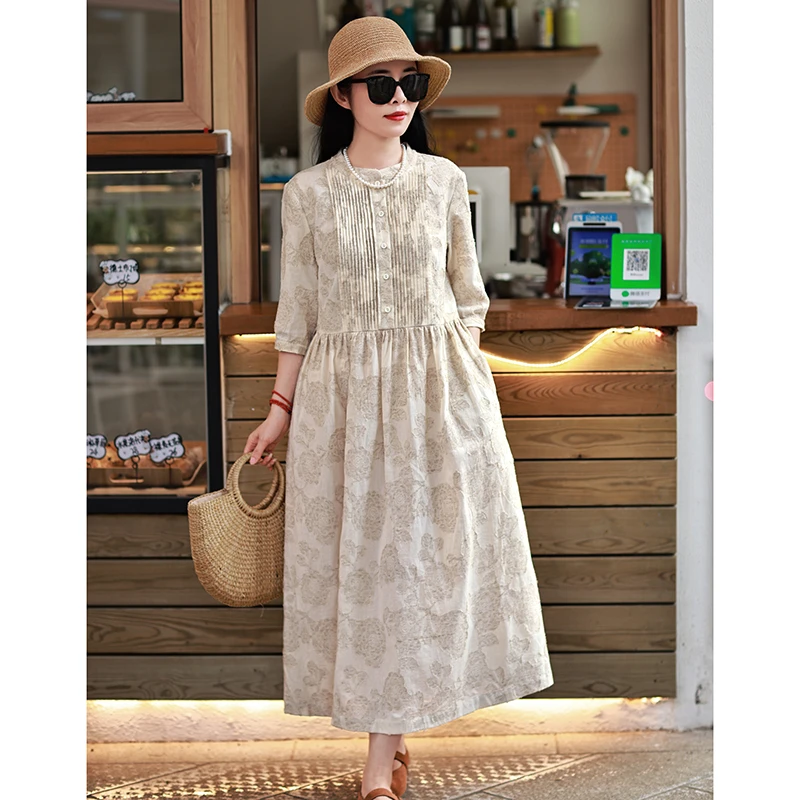 温辞/十木米原创夏季新款棉麻提花文艺复古连衣裙