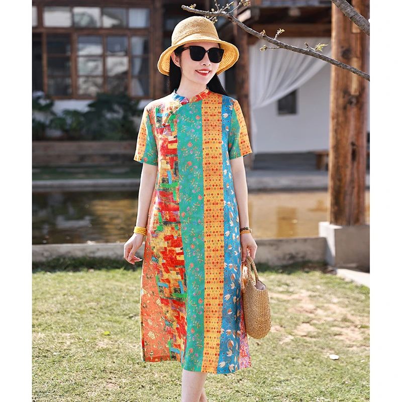 清风叙/十木米原创夏新款亚麻印花文艺复古小个子连衣裙