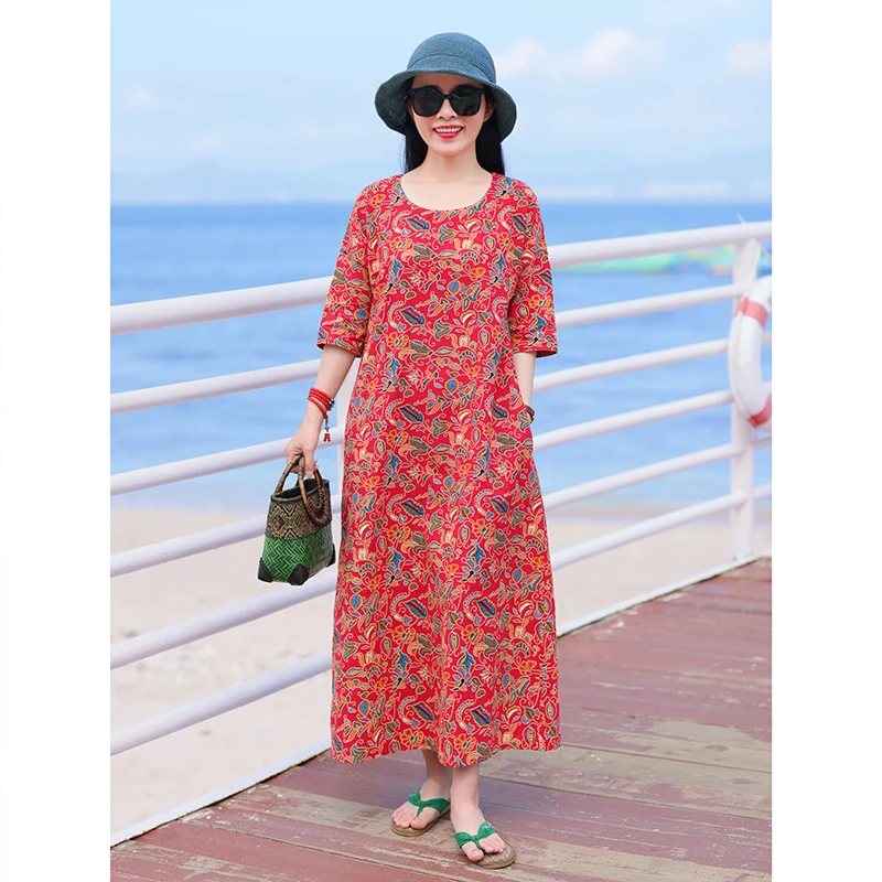 又见拾画/十木米原创夏新款棉质文艺民族风印花长款连衣裙