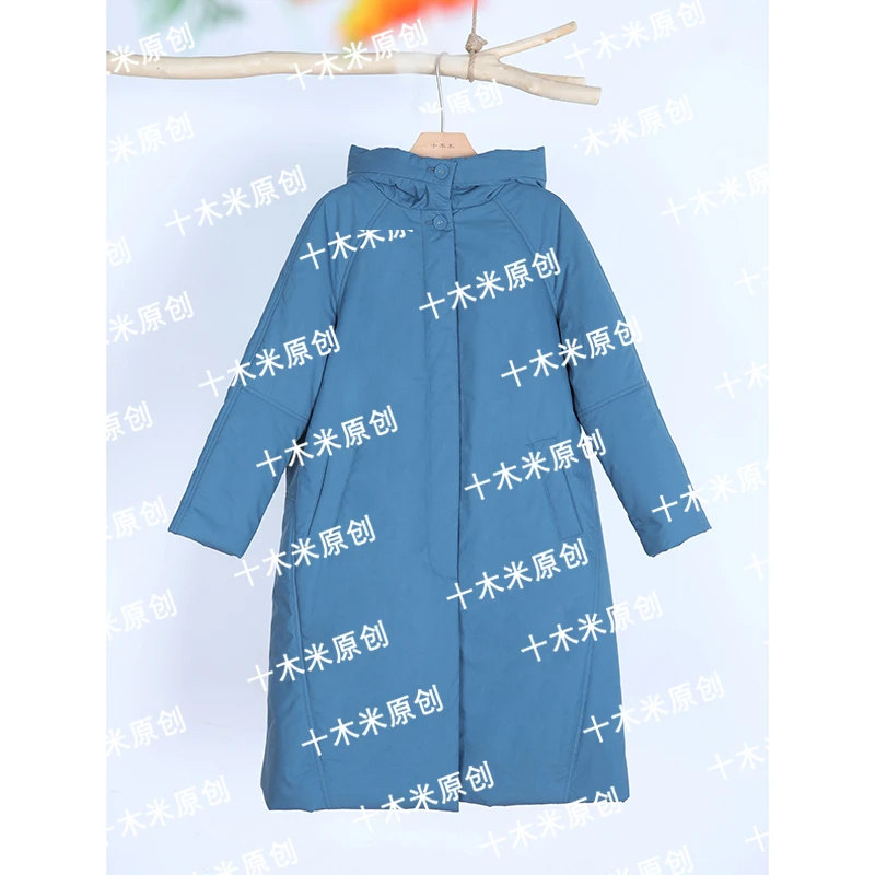 赶梦~湖蓝色/十木米原创冬季新款长绒棉百搭连帽加厚棉服外套女