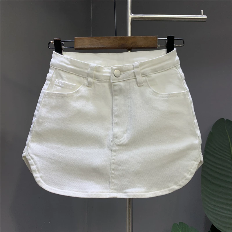 韩版2025年夏款圆弧形设计感假两件弹力修身显瘦水洗白色牛仔短裙