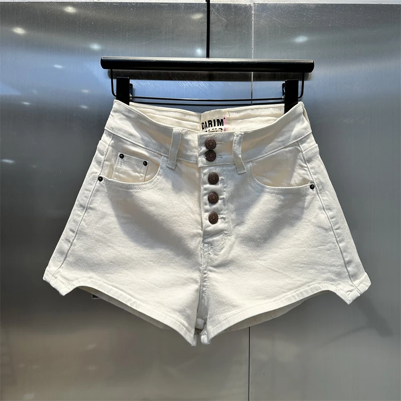 2025夏季新款气质百搭显高牛仔短裤女通勤白色高腰单排多扣设计