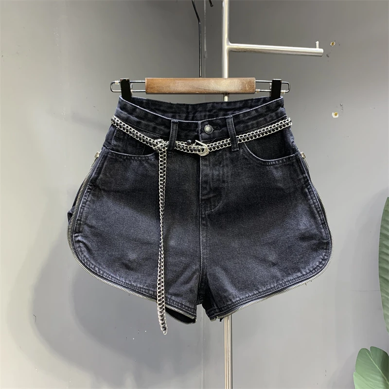 欧货2025春夏新款个性拉链圆弧形设计感黑色牛仔短裤时尚辣妹热裤
