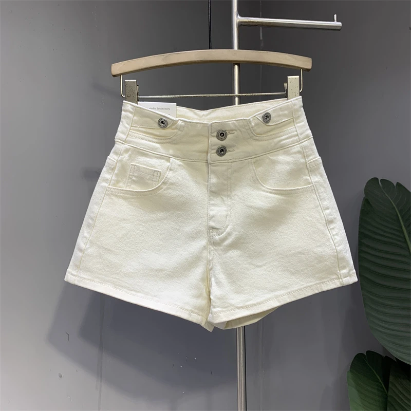韩版2024年春夏新款米杏色高腰弹力提臀牛仔短裤辣妹阔脚a字热裤