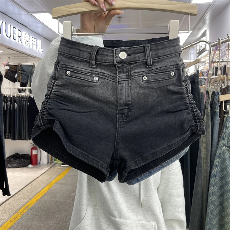 2025夏季新款个性撞色水洗弹力抽褶显腿长牛仔短裤显瘦时尚热裤