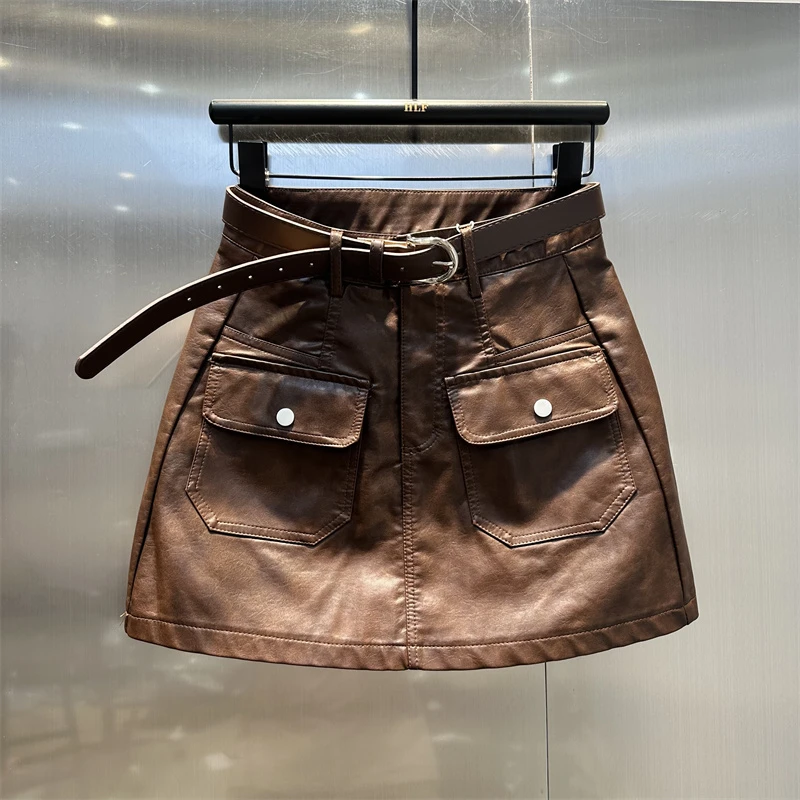 美式复古a字短裙女2024秋季新款高腰显瘦时尚百搭包臀皮裙