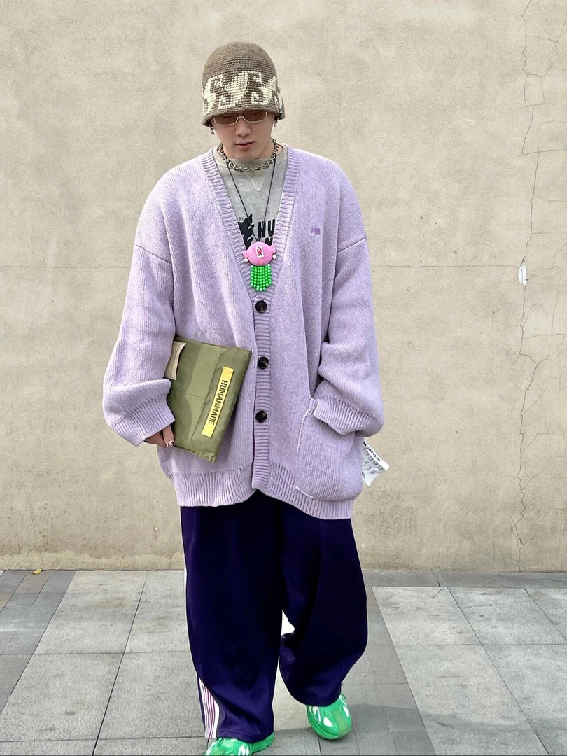 抽象大码设计秀款不等式针织开衫大衣香芋紫