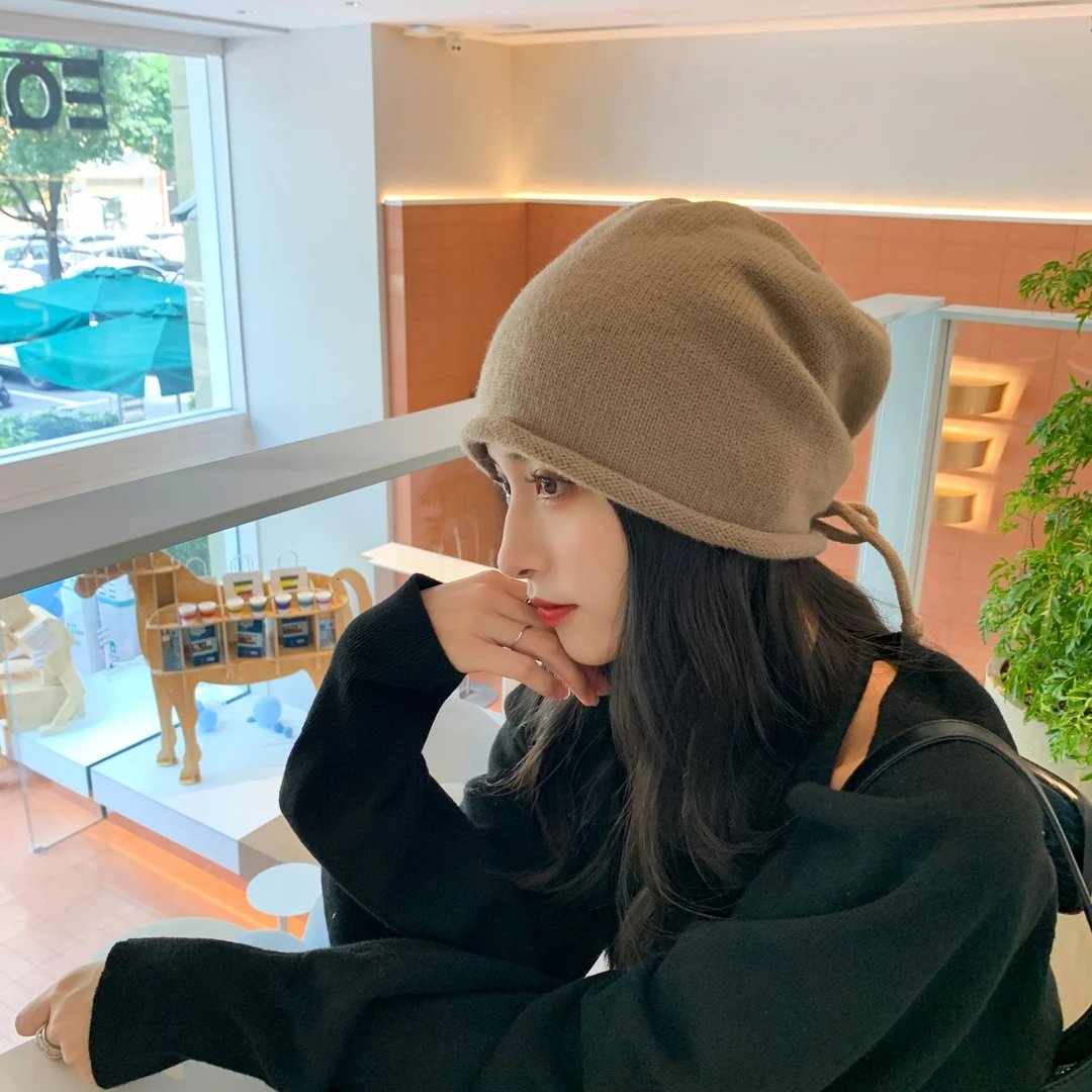 韩版大头围抽绳针织堆堆帽女卷边套头冷帽显脸小包头月子帽