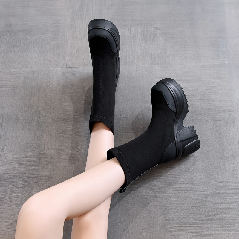 【小辣椒公主10CM增高跟】中筒马丁靴女秋冬加绒短靴粗跟瘦瘦靴百搭