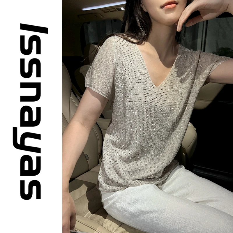 【将军工厂店】爆款显瘦v领短袖T恤百搭时尚轻奢气质高级亮闪闪上衣