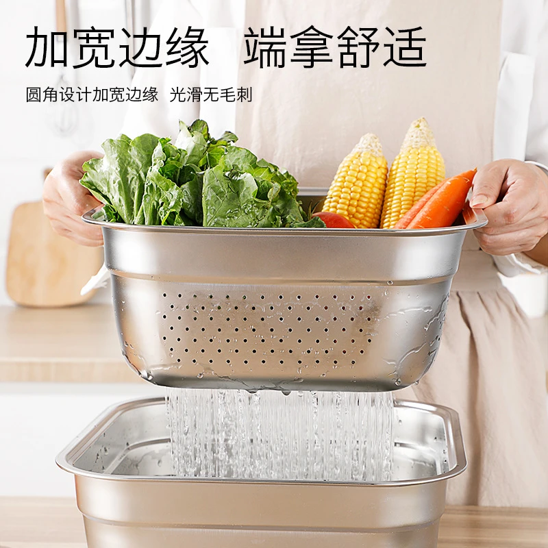 不锈钢平底方盆方筛冲孔滤盆加厚正方形自助餐盘洗菜盆漏盆沥水盆