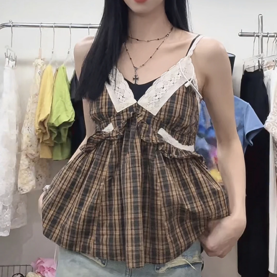 深圳MMOUHUO新品蕾丝边格子吊带