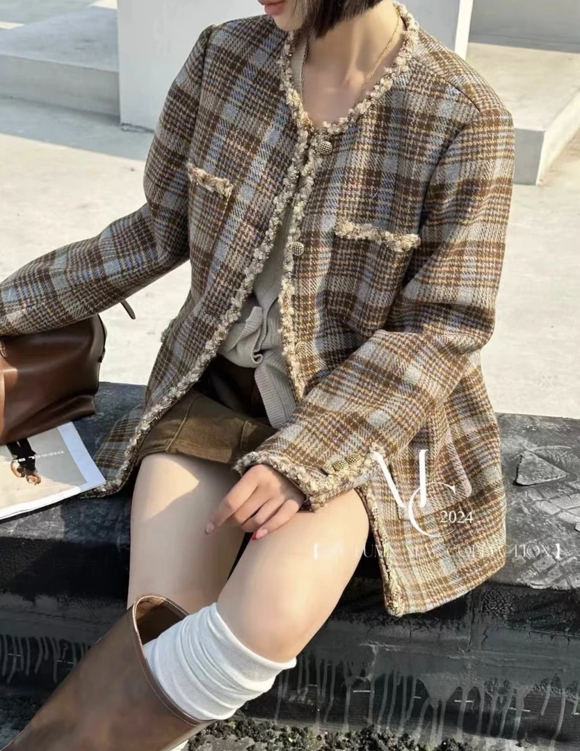 深圳MMOUHUO新款复古撞色格子亮片小香外套