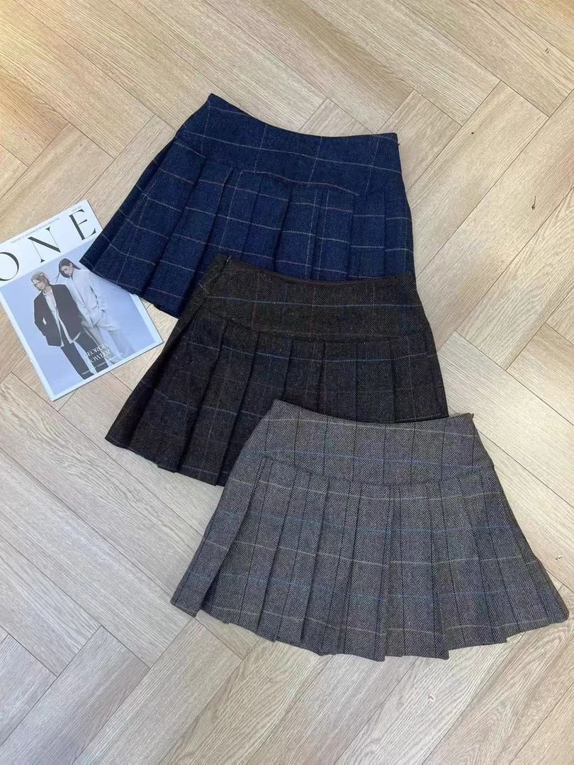 深圳MMOUHUO新款格子条纹显瘦百褶裙学院风短裙