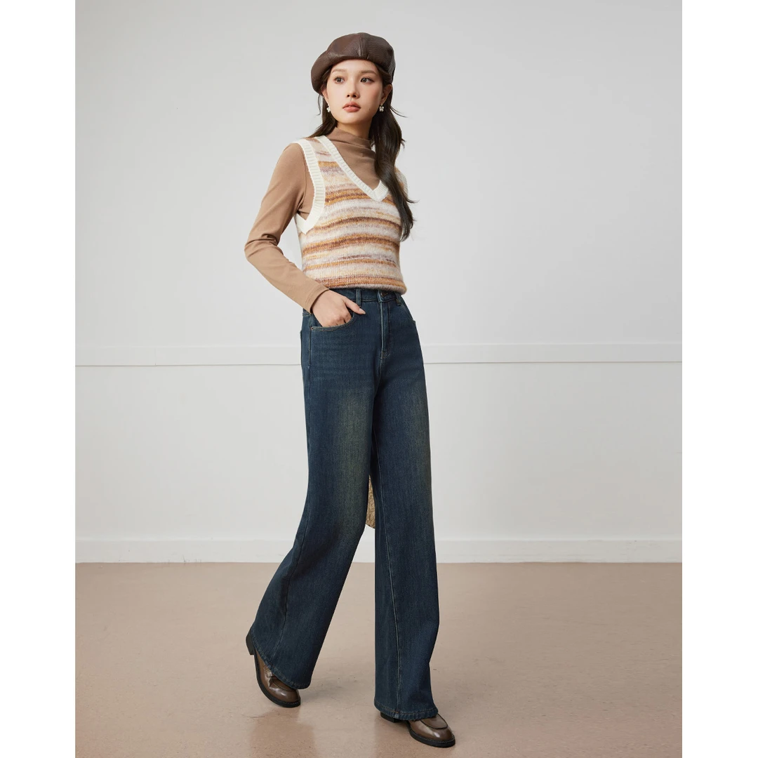 IEF/爱依服长裤2025冬季新款港式复古通勤基础百搭加绒牛仔阔腿裤