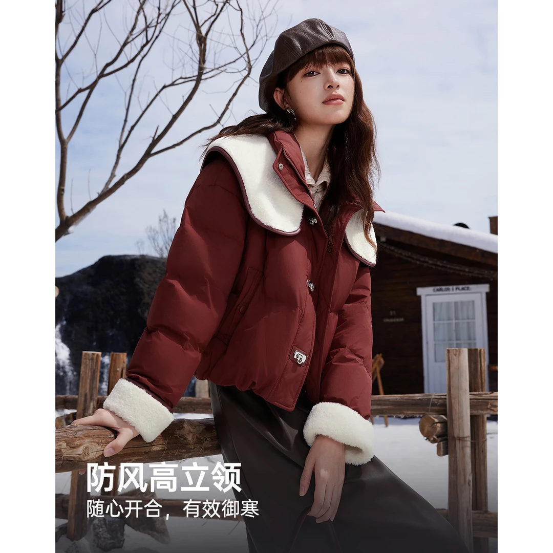 IEF/爱依服2025冬季新款设计感毛绒娃娃领拼接保暖短款羽绒服外套