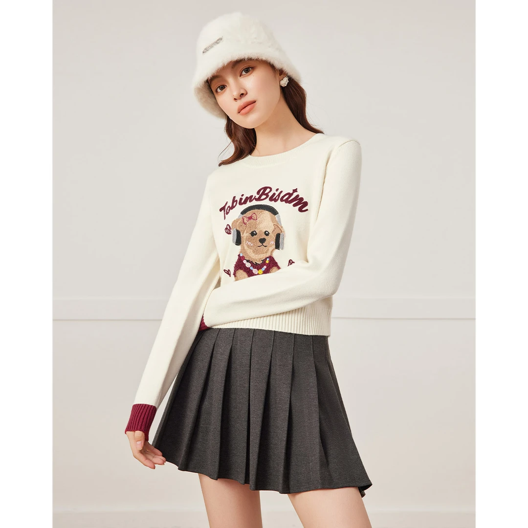 IEF/爱依服2025秋季新款时尚圆领甜美百搭别致印花套头毛织上衣