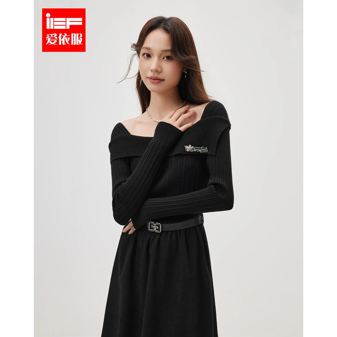IEF/爱依服连衣裙2025秋冬新款韩版成熟优雅气质显瘦毛织连衣长裙