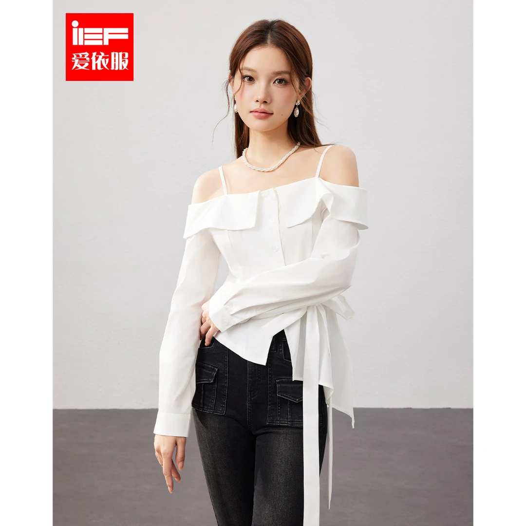 IEF/爱依服2025秋季新款法式收腰系带设计感小众修身一字领上衣
