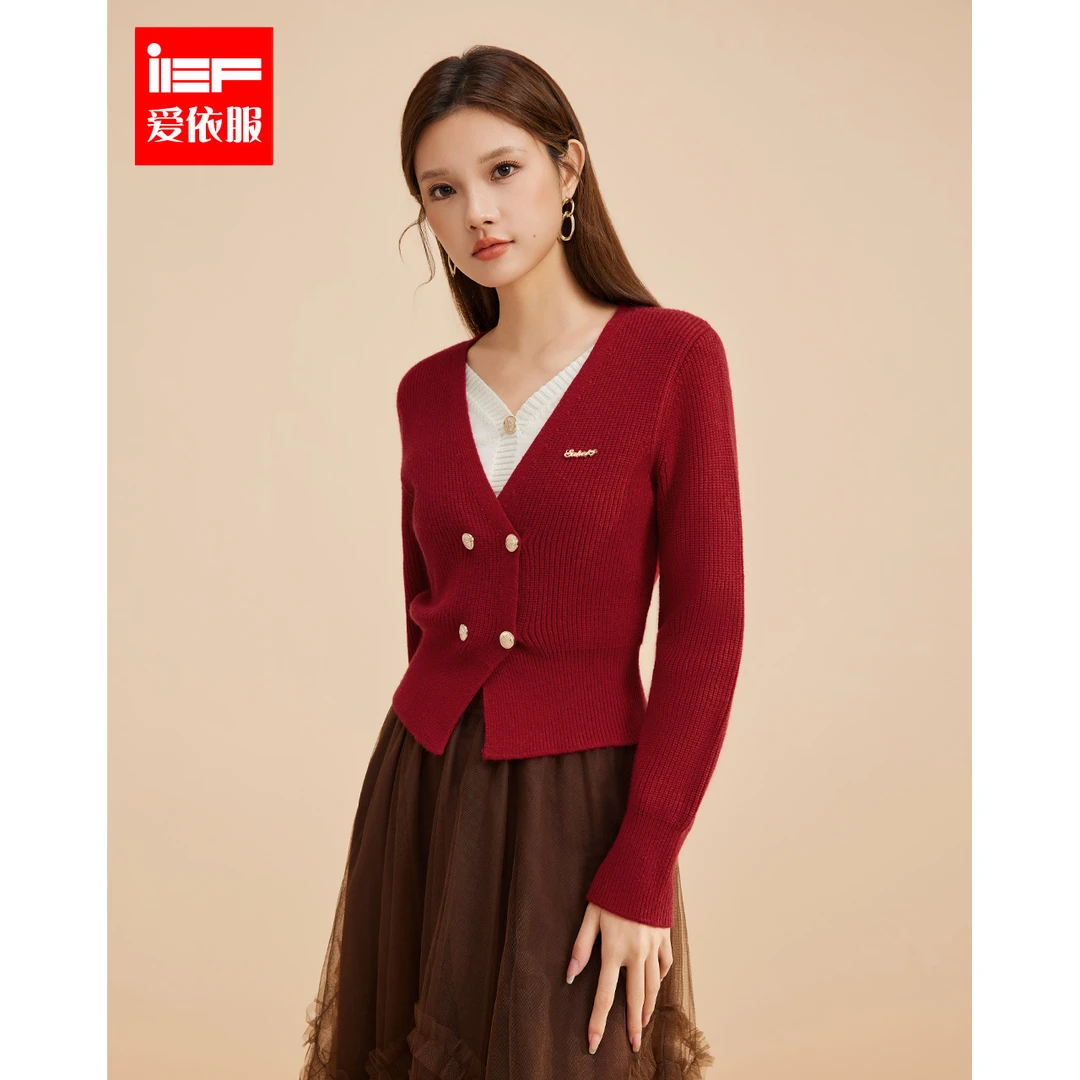 IEF/爱依服毛衣2025秋冬新款韩版成熟气质拼色设计假两件针织上衣